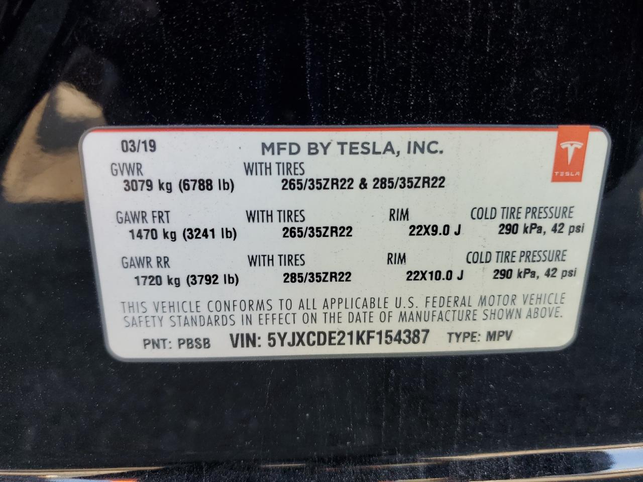 2019 Tesla Model X VIN: 5YJXCDE21KF154387 Lot: 54371735