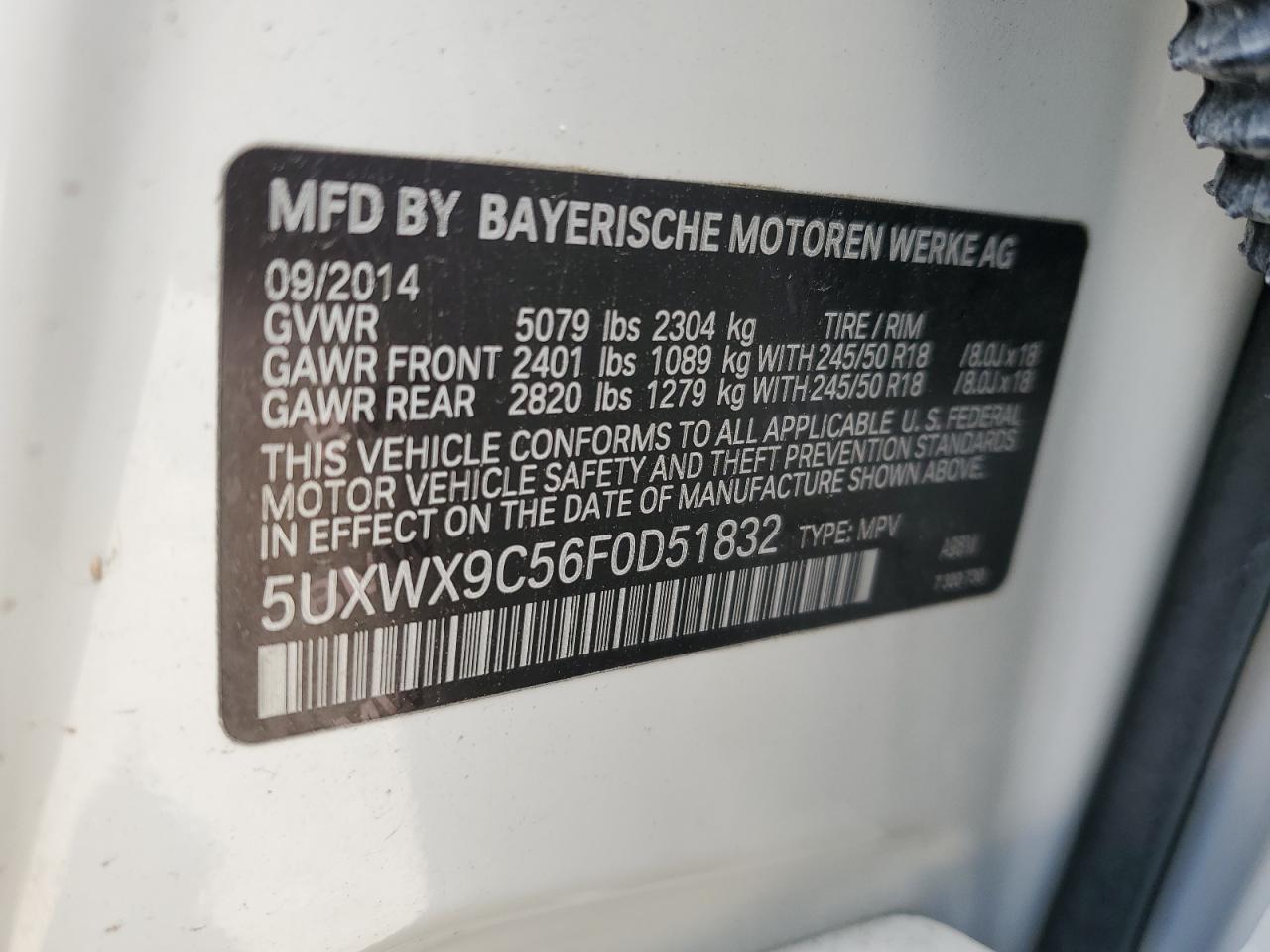 2015 BMW X3 xDrive28I VIN: 5UXWX9C56F0D51832 Lot: 52118845