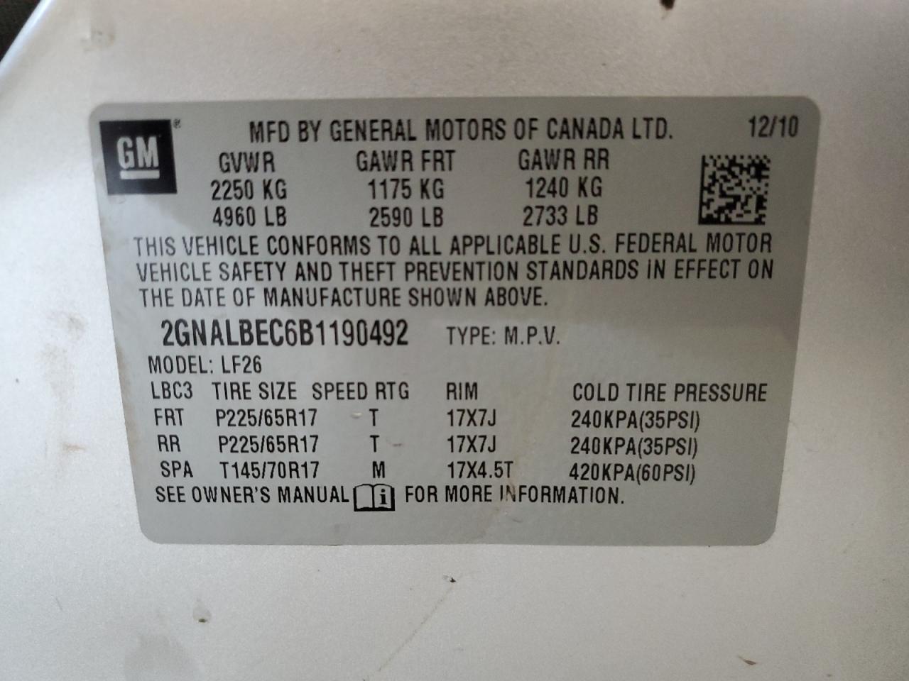 2011 Chevrolet Equinox Ls VIN: 2GNALBEC6B1190492 Lot: 53363285