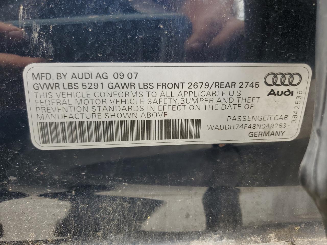 2008 Audi A6 3.2 Quattro VIN: WAUDH74F48N049263 Lot: 53640385