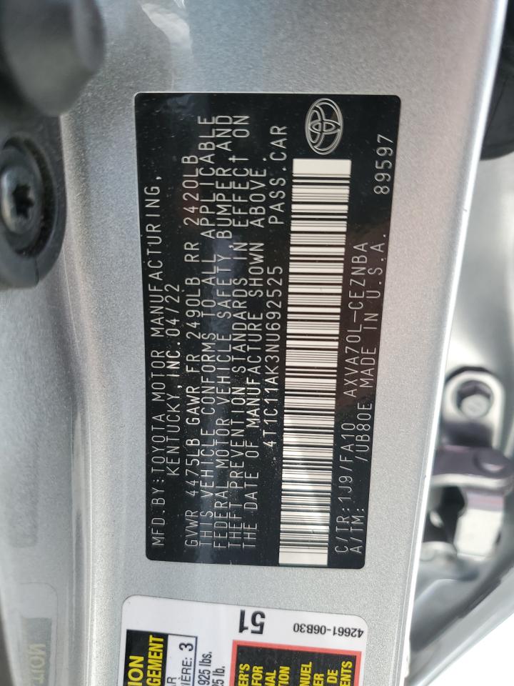 2022 Toyota Camry Le VIN: 4T1C11AK3NU692525 Lot: 54426675