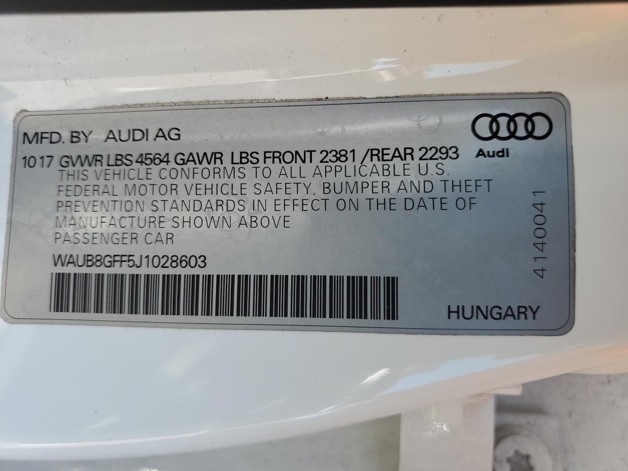 2018 Audi A3 Premium VIN: WAUB8GFF5J1028603 Lot: 54183135