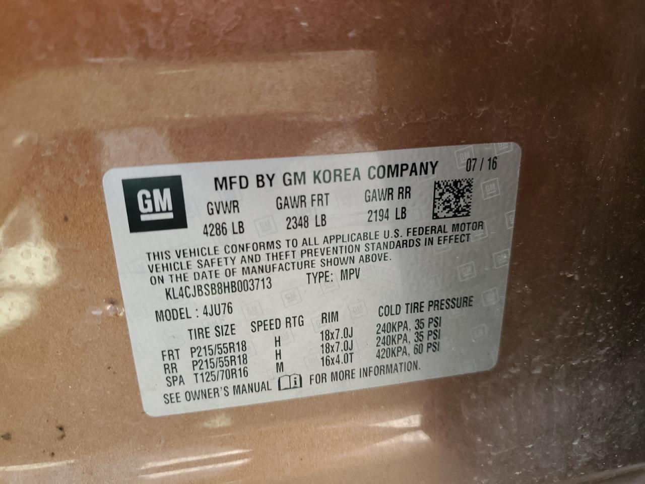 2017 Buick Encore Preferred Ii VIN: KL4CJBSB8HB003713 Lot: 52934325