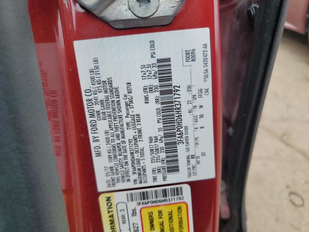 3FA6P0HD6HR371792 FORD FUSION 2017