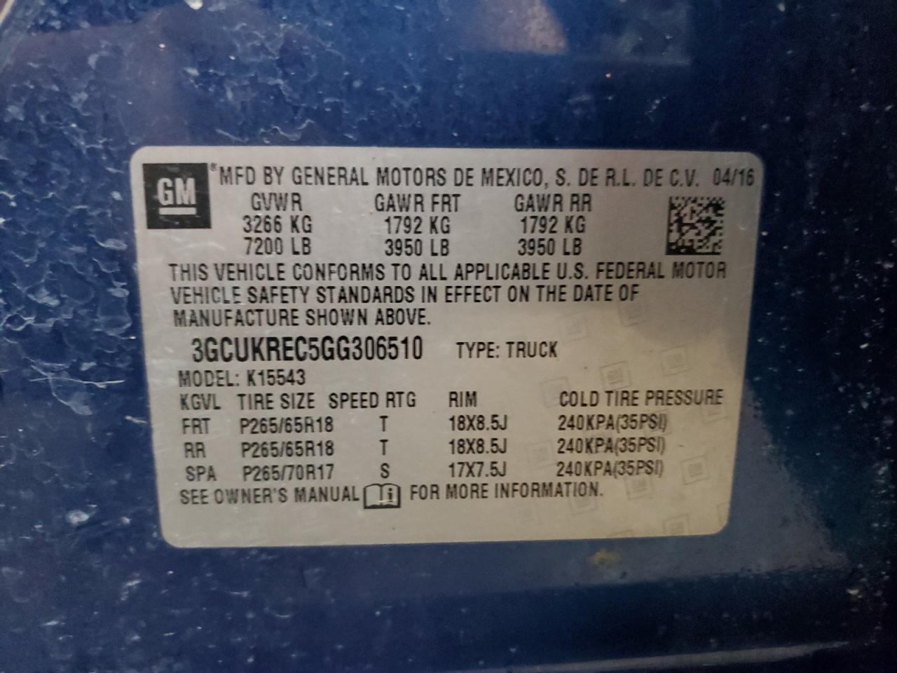 3GCUKREC5GG306510 CHEVROLET ALL Models 2016