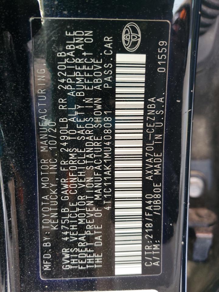 4T1C11AK1MU408081 TOYOTA CAMRY 2021