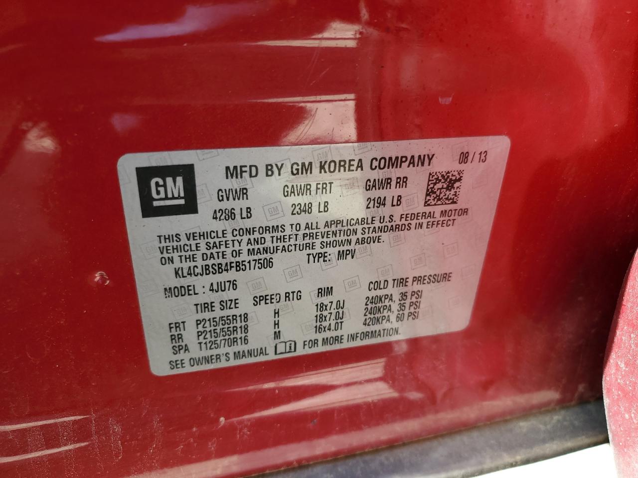 2014 Buick Encore Convenience VIN: KL4CJBSB4FB517506 Lot: 51749265