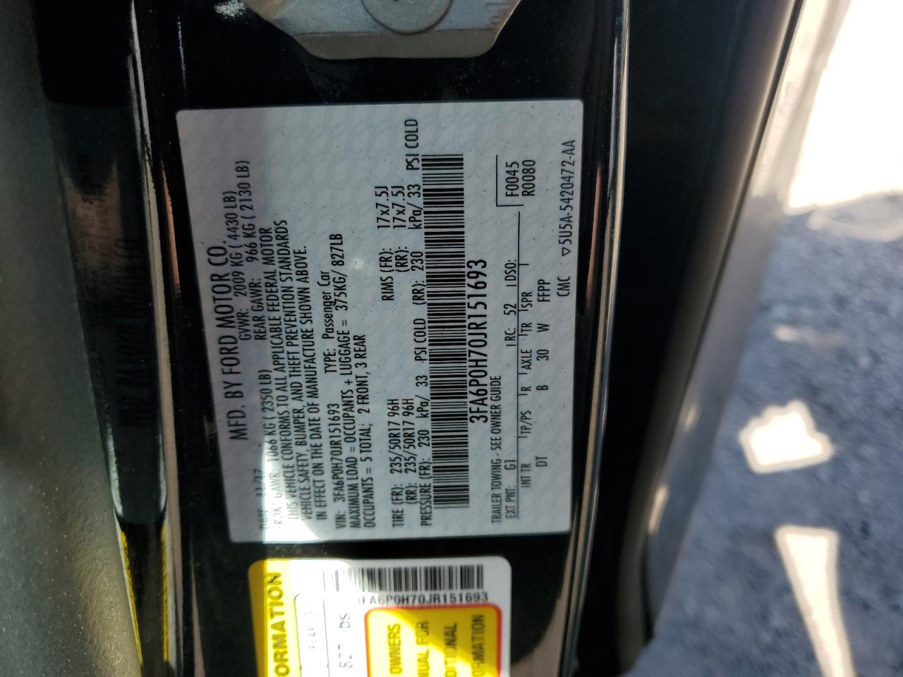 3FA6P0H70JR151693 FORD FUSION 2018