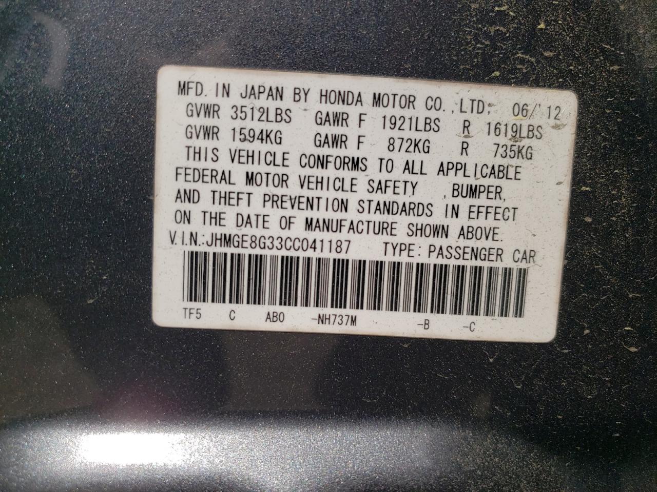 2012 Honda Fit VIN: JHMGE8G33CC041187 Lot: 54222105