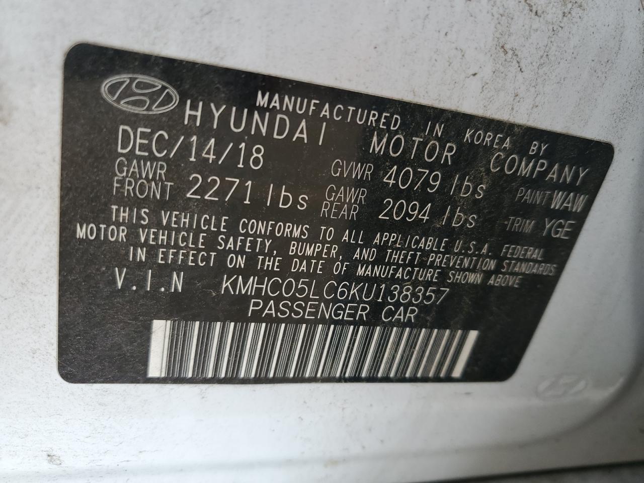 2019 Hyundai Ioniq Limited VIN: KMHC05LC6KU138357 Lot: 55044845