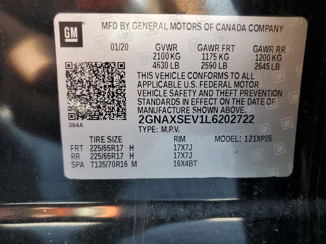 2GNAXSEV1L6202722 CHEVROLET EQUINOX 2020