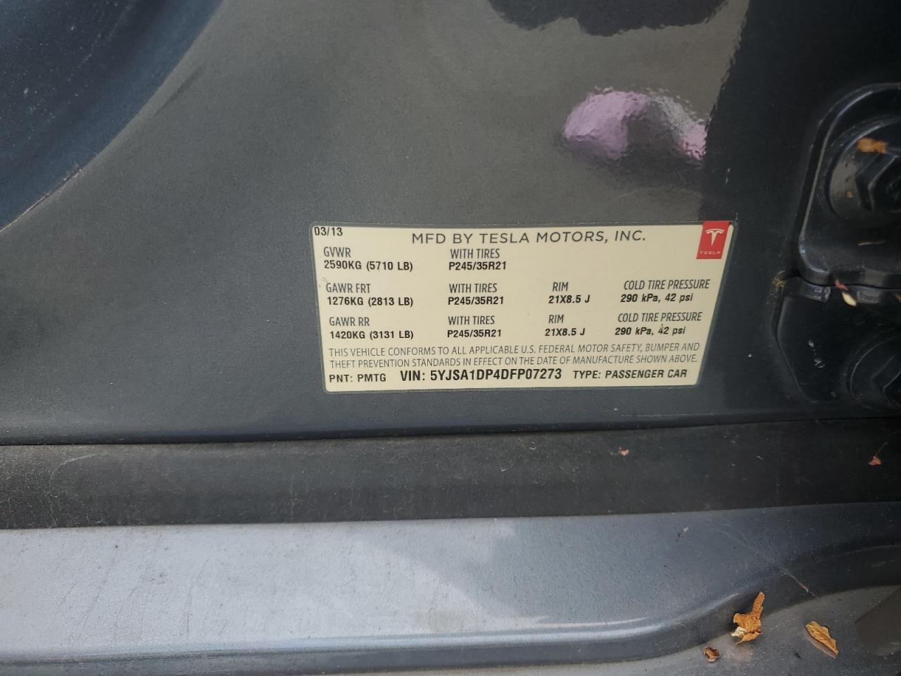 2013 Tesla Model S VIN: 5YJSA1DP4DFP07273 Lot: 54840195