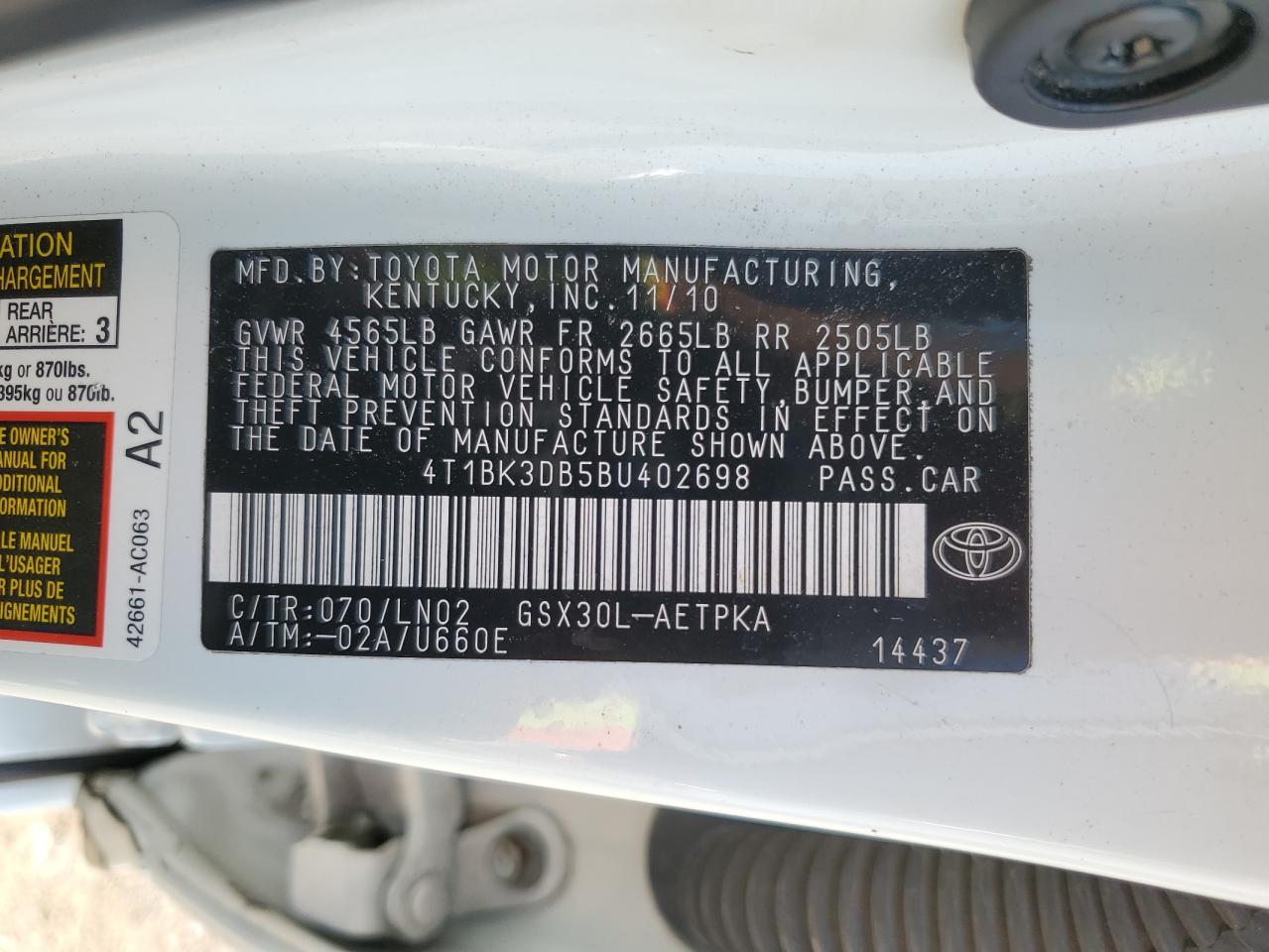 2011 Toyota Avalon Base VIN: 4T1BK3DB5BU402698 Lot: 54529265