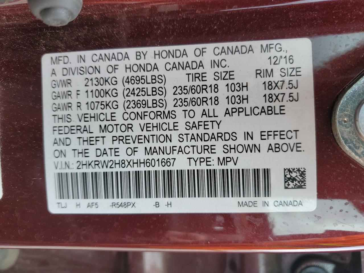 2HKRW2H8XHH601667 HONDA CRV 2017