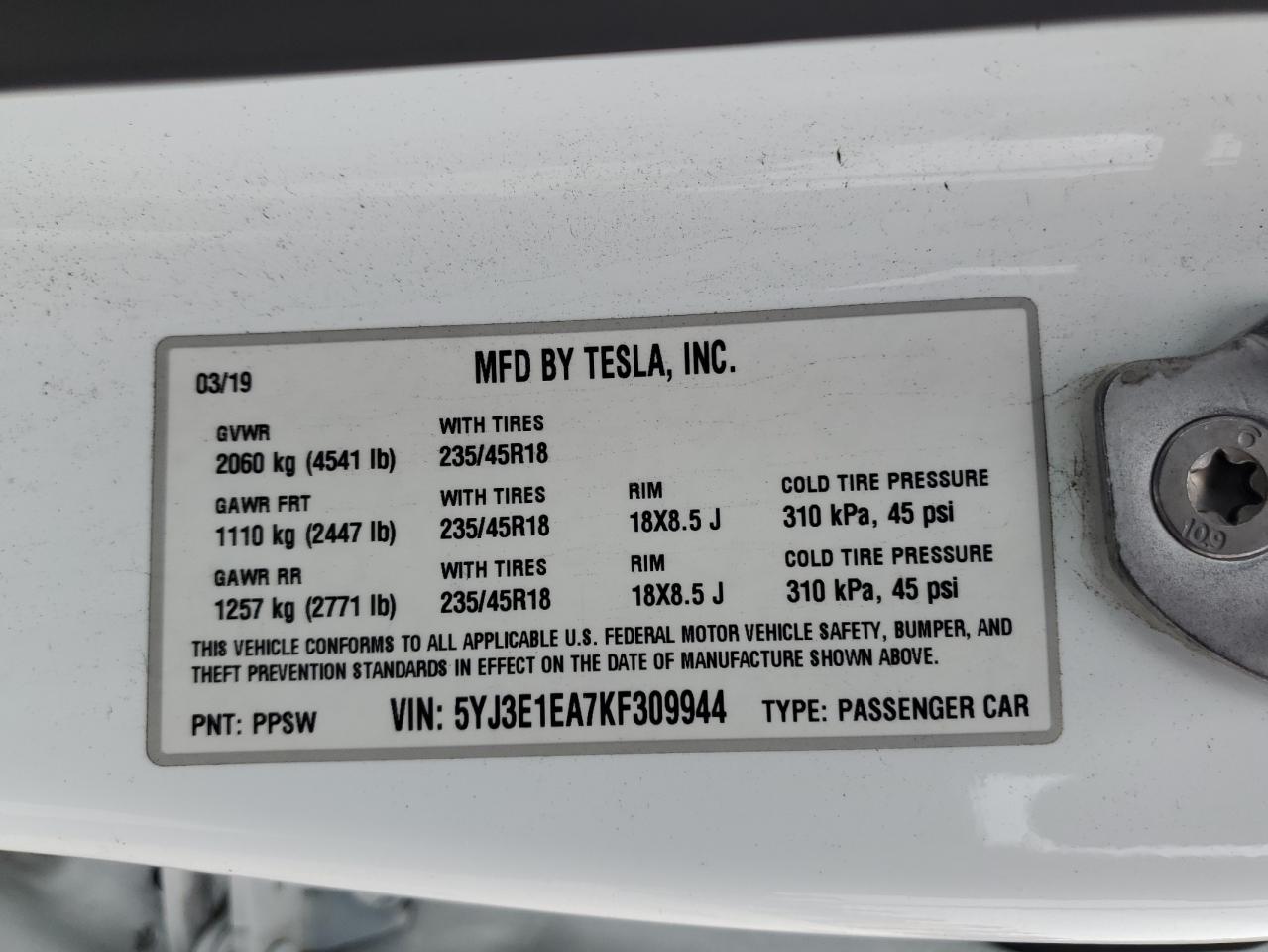 2019 Tesla Model 3 VIN: 5YJ3E1EA7KF309944 Lot: 55268665