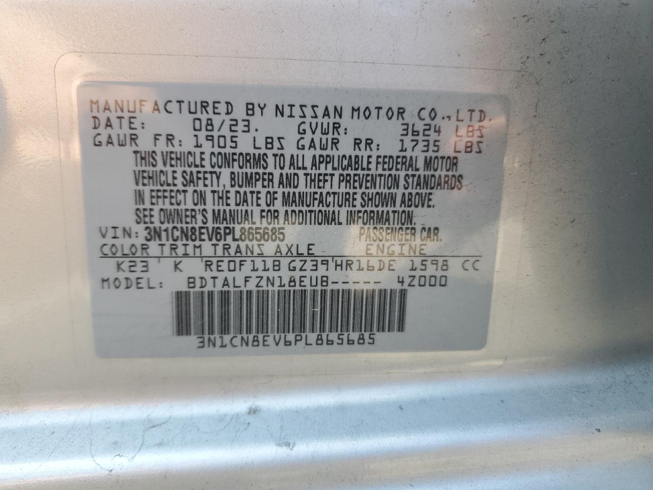 3N1CN8EV6PL865685 NISSAN VERSA 2023