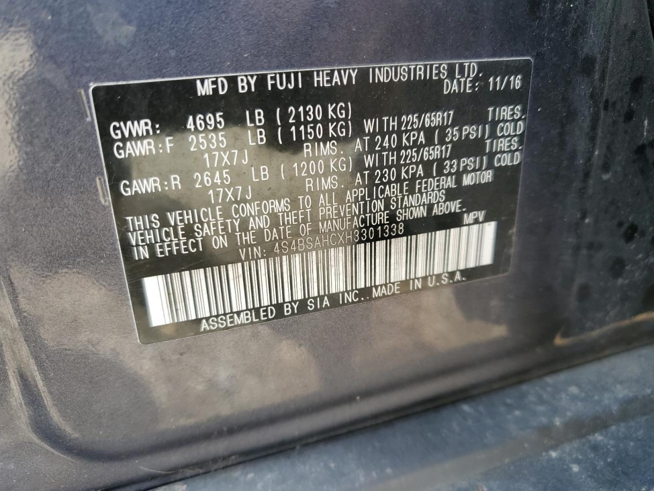 2017 Subaru Outback 2.5I Premium VIN: 4S4BSAHCXH3301338 Lot: 54422915