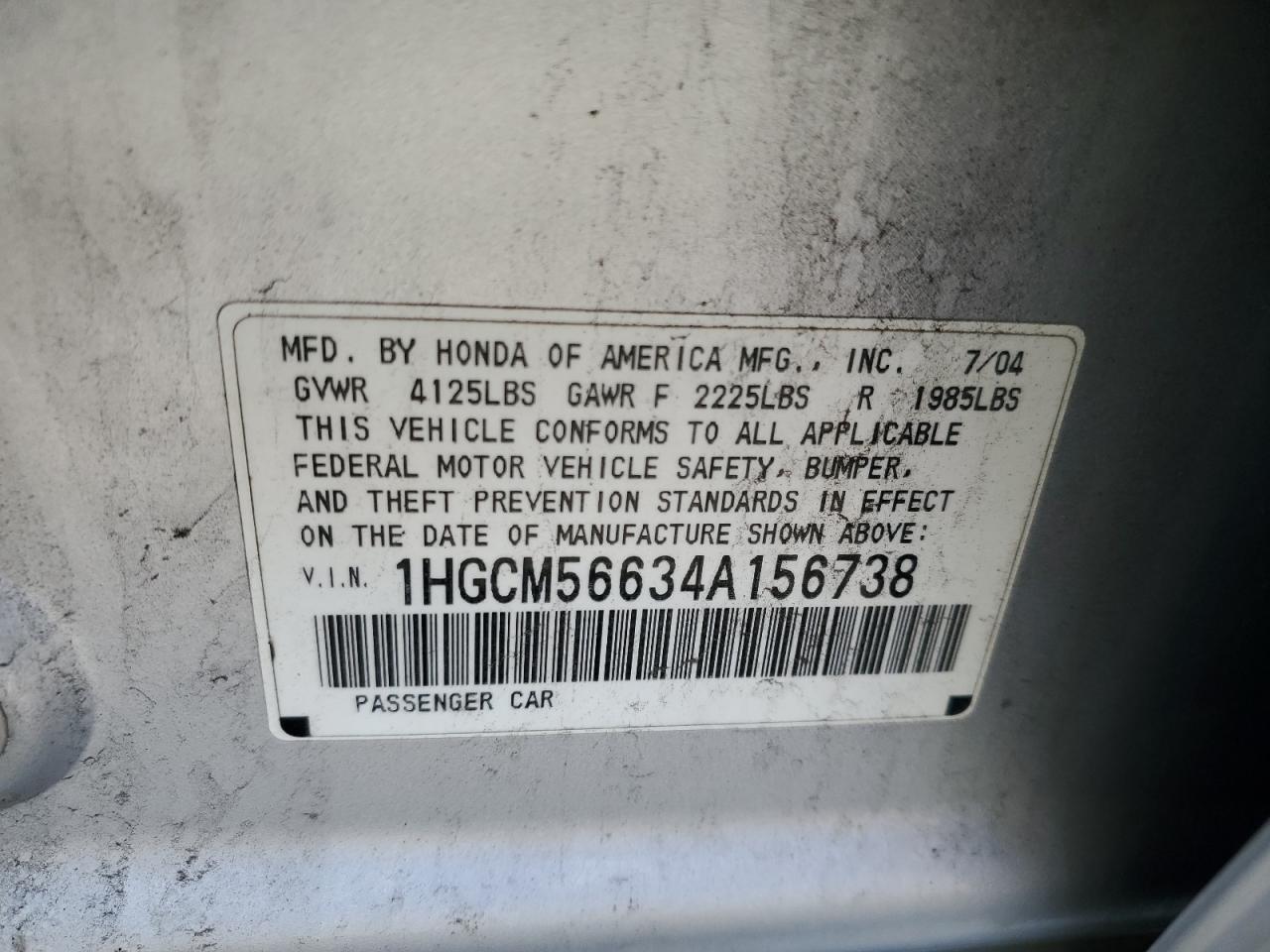 2004 Honda Accord Ex VIN: 1HGCM56634A156738 Lot: 55298845