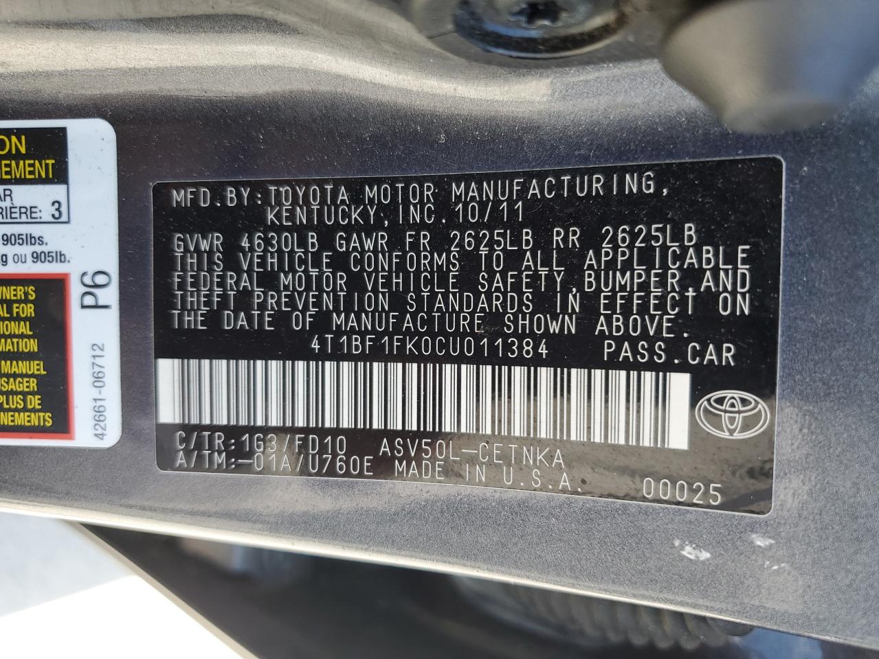 2012 Toyota Camry Base VIN: 4T1BF1FK0CU011384 Lot: 54755405