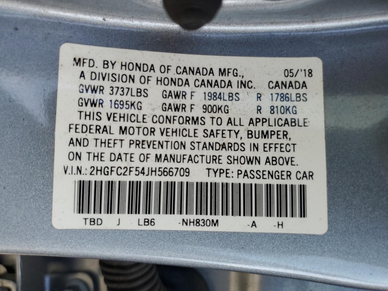 2HGFC2F54JH566709 HONDA CIVIC 2018