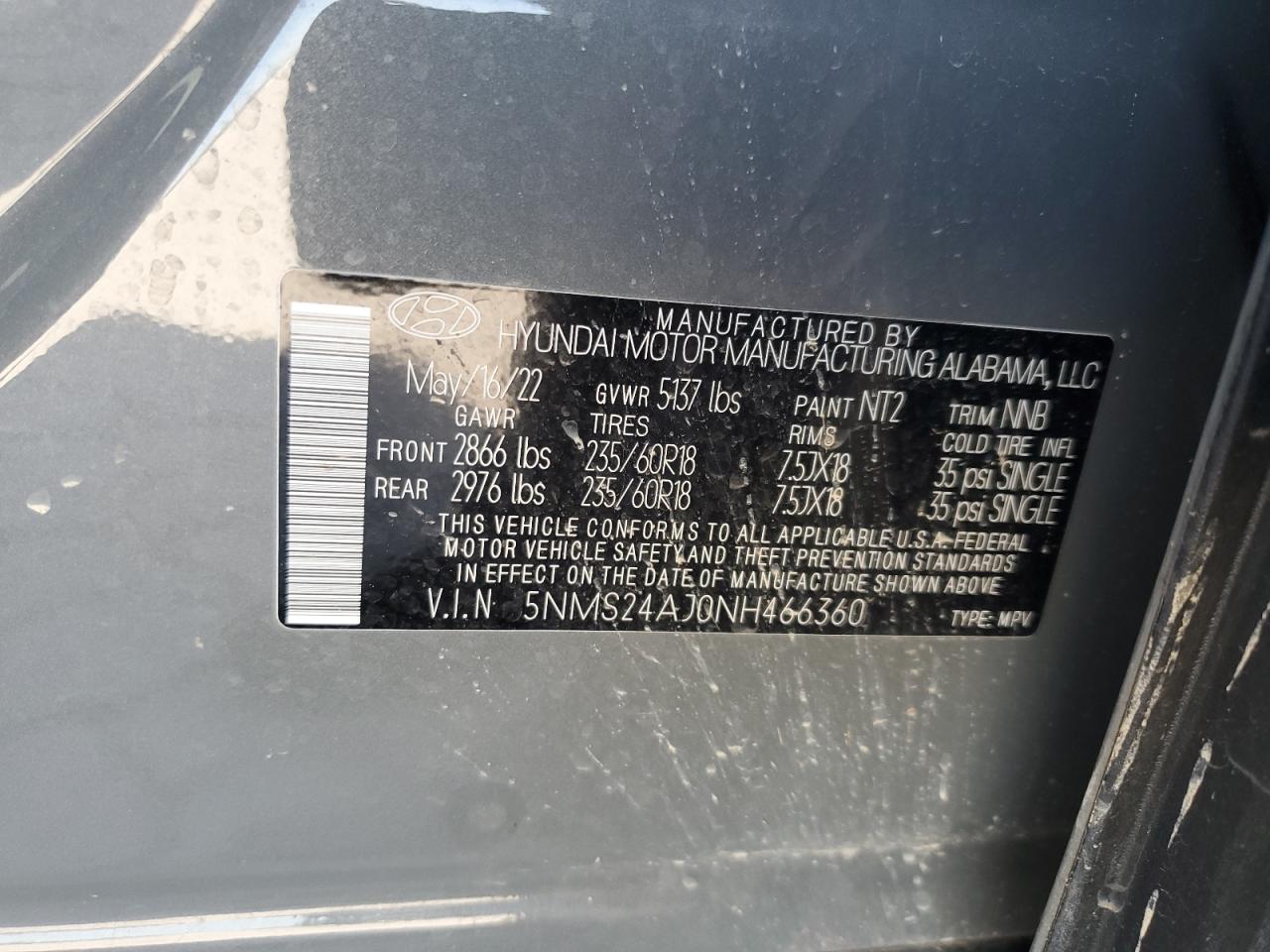 2022 Hyundai Santa Fe Sel VIN: 5NMS24AJ0NH466360 Lot: 52395355