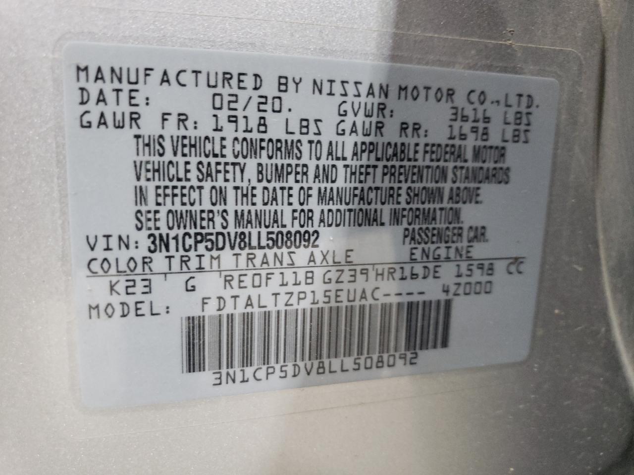 3N1CP5DV8LL508092 NISSAN KICKS 2020