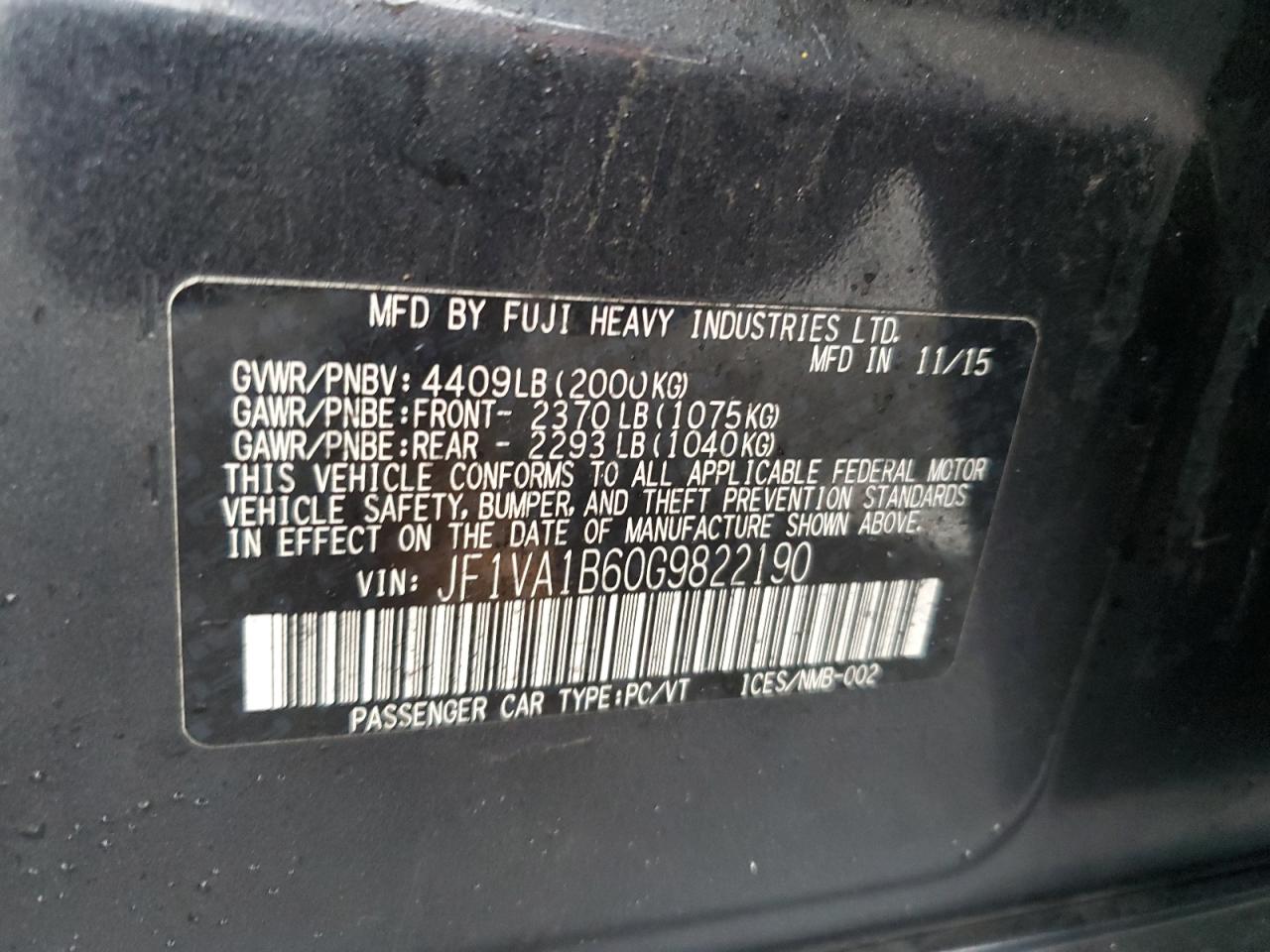 2016 Subaru Wrx VIN: JF1VA1B60G9822190 Lot: 51979955