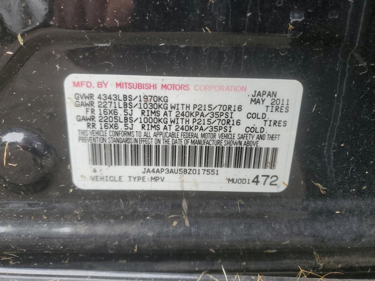 2011 Mitsubishi Outlander Sport Es VIN: JA4AP3AU5BZ017551 Lot: 52990875
