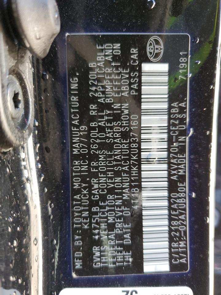 2019 Toyota Camry L VIN: 4T1B11HK7KU837160 Lot: 51799535