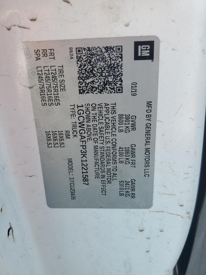 2019 Chevrolet Express G2500 VIN: 1GCWGAFP3K1221587 Lot: 53903475