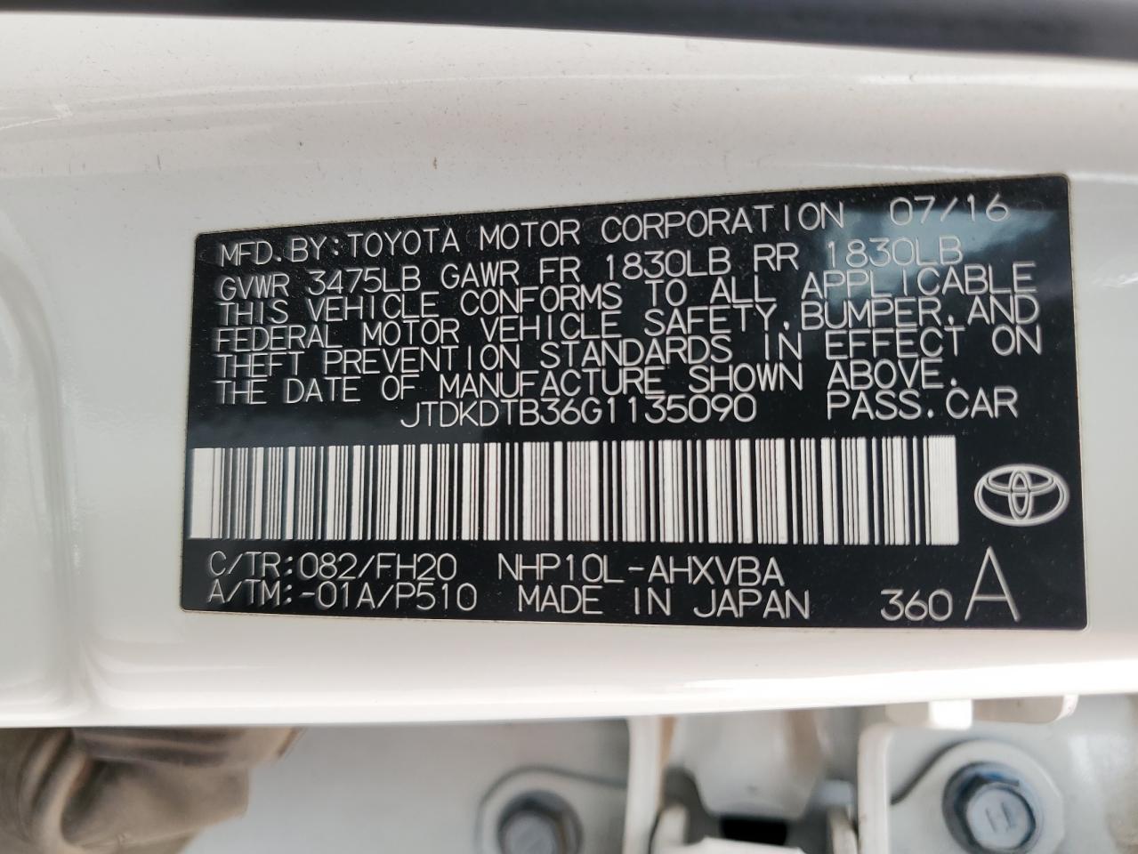 JTDKDTB36G1135090 TOYOTA PRIUS 2016