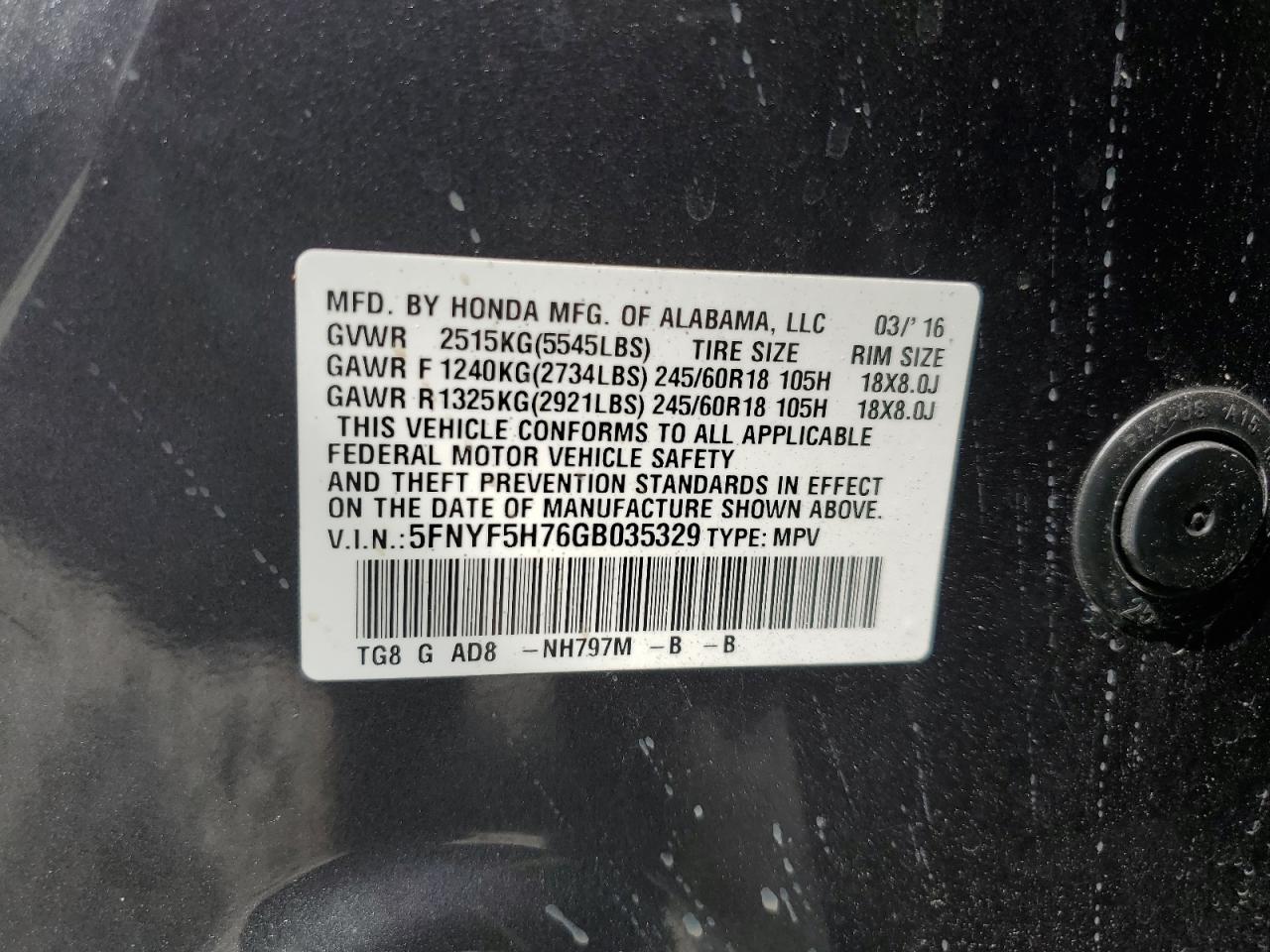 5FNYF5H76GB035329 HONDA PILOT 2016