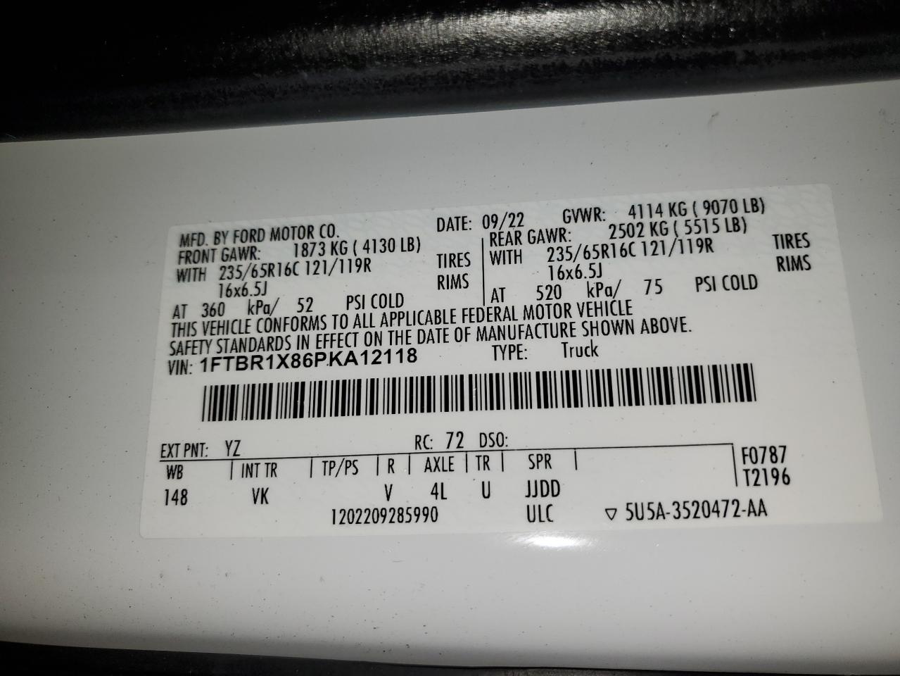 1FTBR1X86PKA12118 FORD TRANSIT 2023