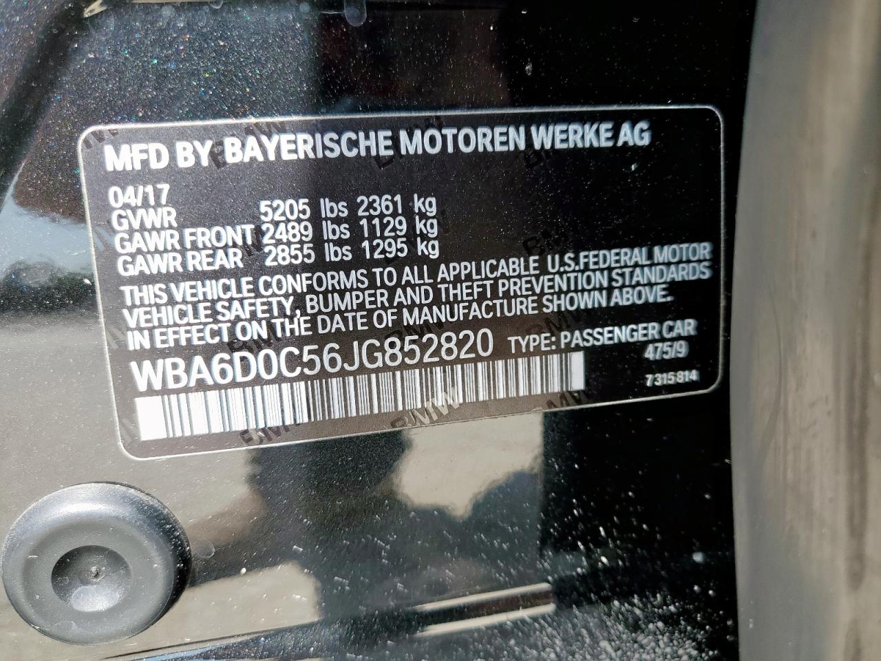 2018 BMW 640 I Gran Coupe VIN: WBA6D0C56JG852820 Lot: 54141395
