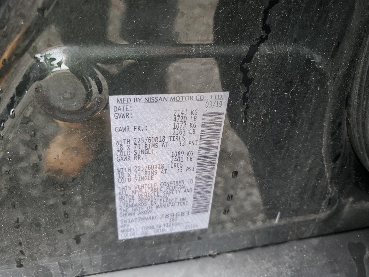 5N1AT2MV4KC789683 NISSAN ROGUE 2019
