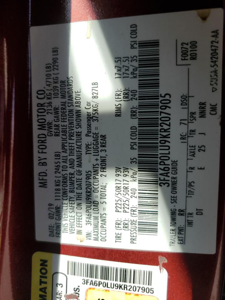 3FA6P0LU9KR207905 FORD FUSION 2019
