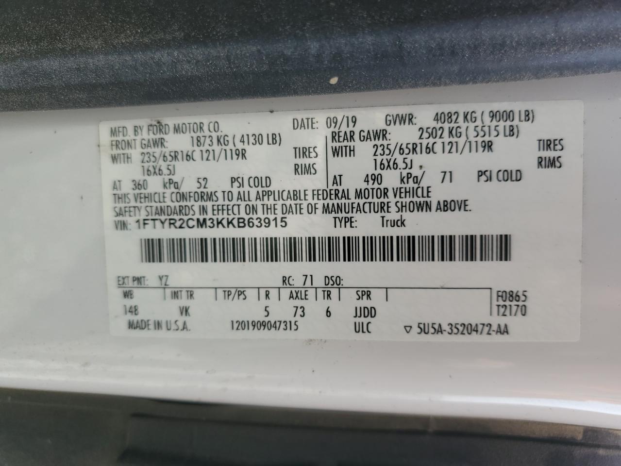 1FTYR2CM3KKB63915 FORD TRANSIT 2019