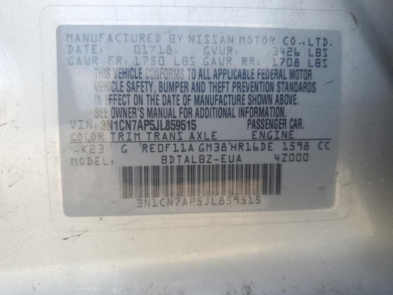 3N1CN7AP5JL859515 NISSAN VERSA 2018