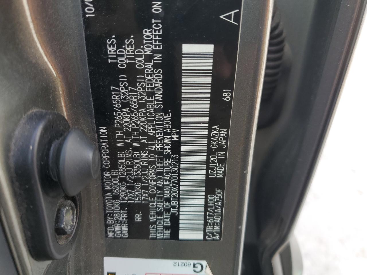 2007 Lexus Gx 470 VIN: JTJBT20X770130213 Lot: 52710215