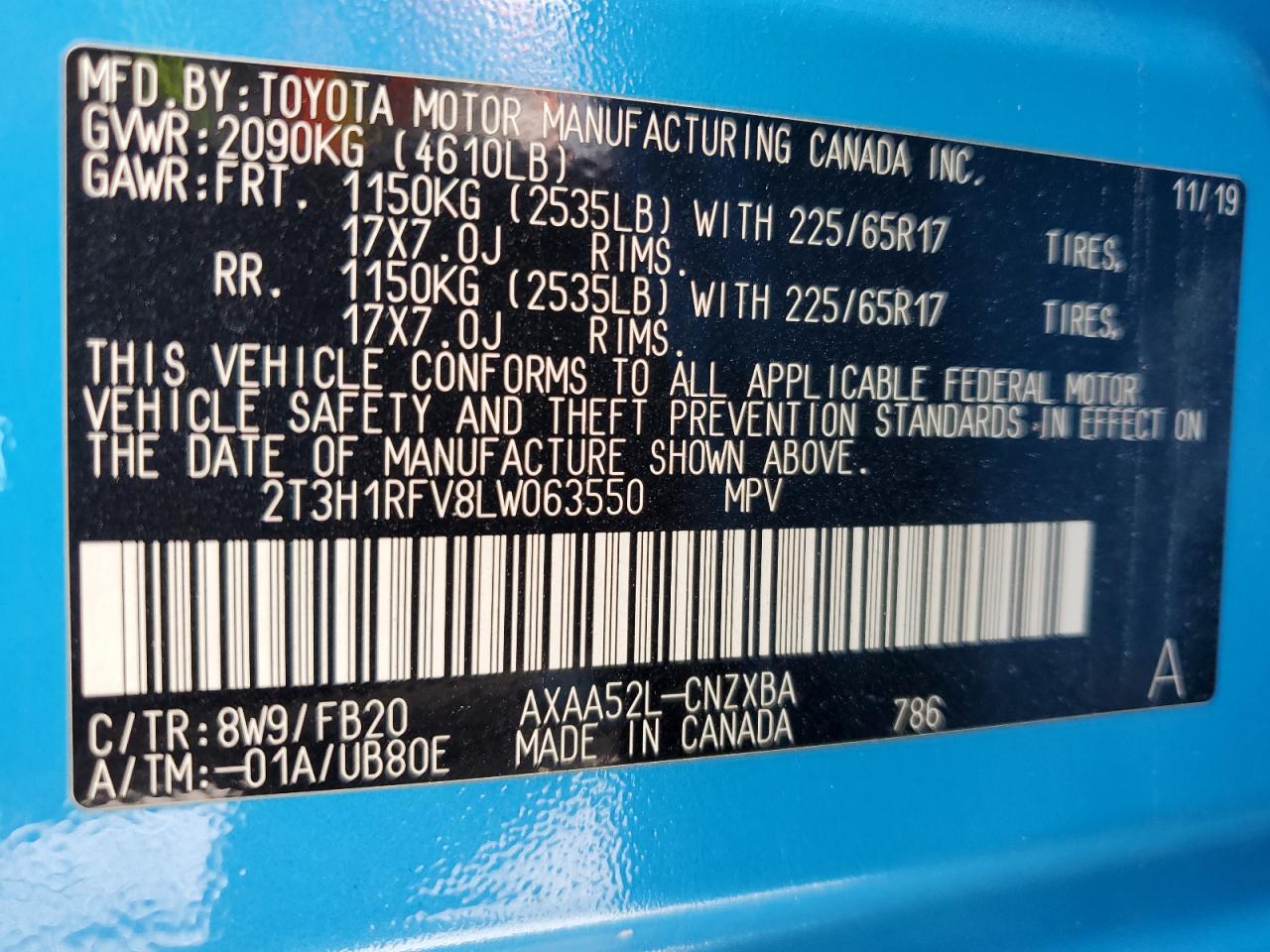 2020 Toyota Rav4 Le VIN: 2T3H1RFV8LW063550 Lot: 54781015