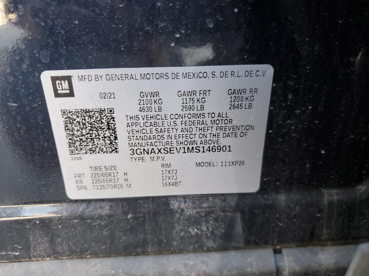 3GNAXSEV1MS146901 CHEVROLET EQUINOX 2021