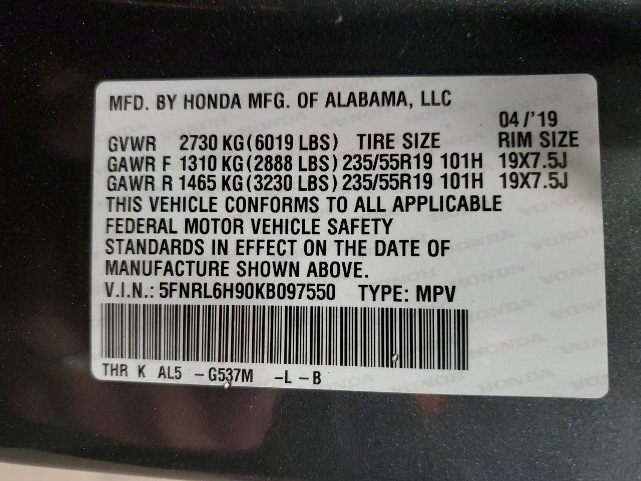 5FNRL6H90KB097550 HONDA ODYSSEY 2019