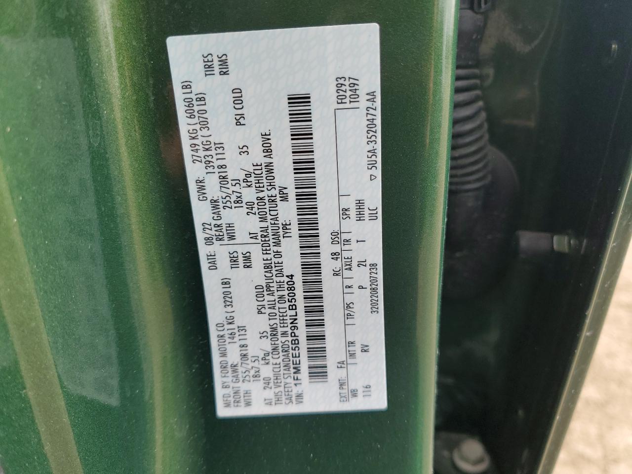 2022 Ford Bronco Base VIN: 1FMEE5BP9NLB50804 Lot: 54220825