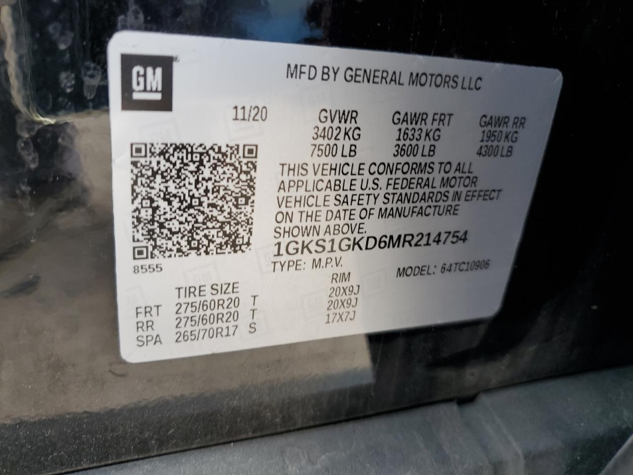 2021 GMC Yukon Xl C1500 Slt VIN: 1GKS1GKD6MR214754 Lot: 54512425