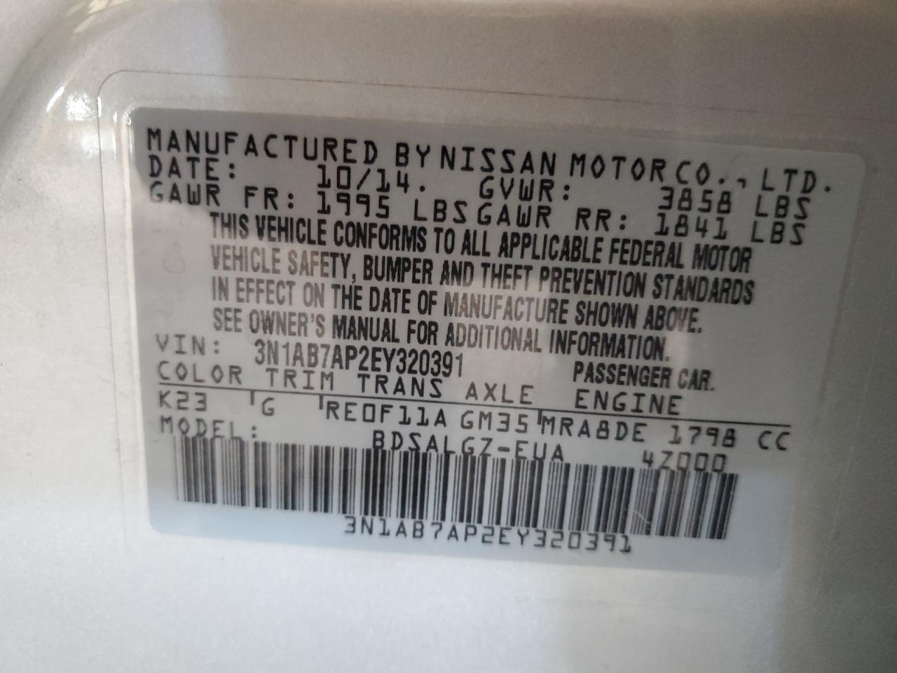 2014 Nissan Sentra S VIN: 3N1AB7AP2EY320391 Lot: 54780765