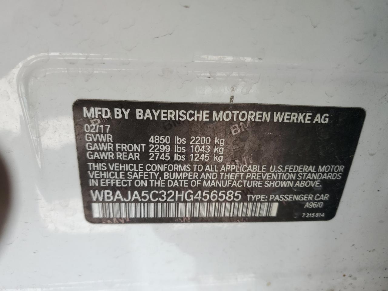 2017 BMW 530 I VIN: WBAJA5C32HG456585 Lot: 53748175