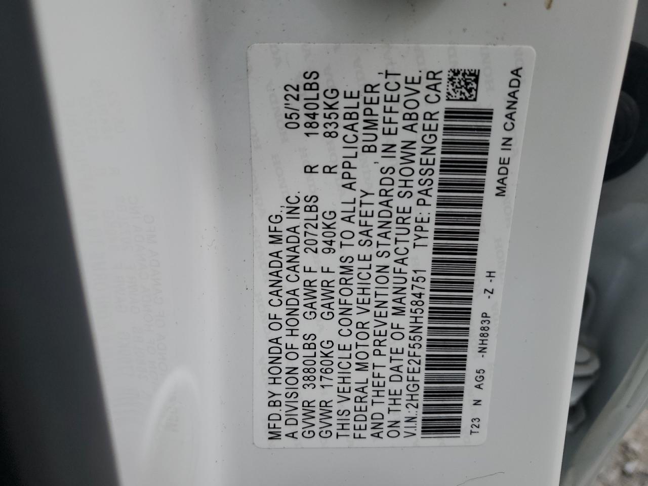 2HGFE2F55NH584751 HONDA CIVIC 2022