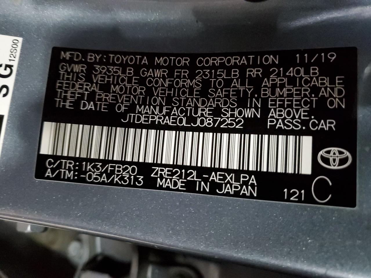 JTDEPRAE0LJ087252 TOYOTA COROLLA 2020