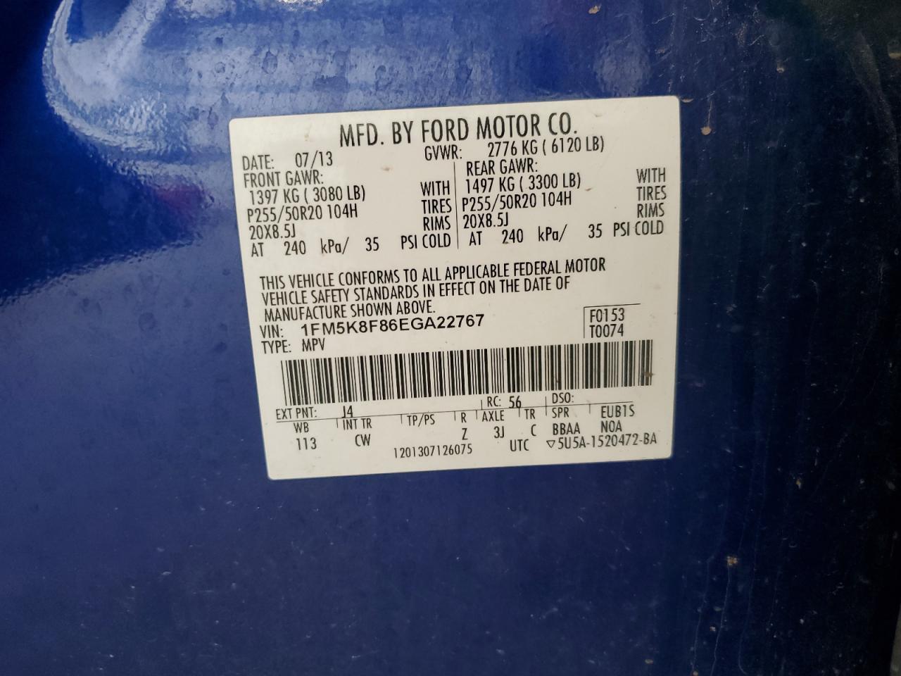 2014 Ford Explorer Limited VIN: 1FM5K8F86EGA22767 Lot: 53074455