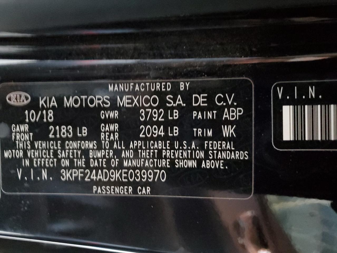 2019 Kia Forte Fe VIN: 3KPF24AD9KE039970 Lot: 54697555